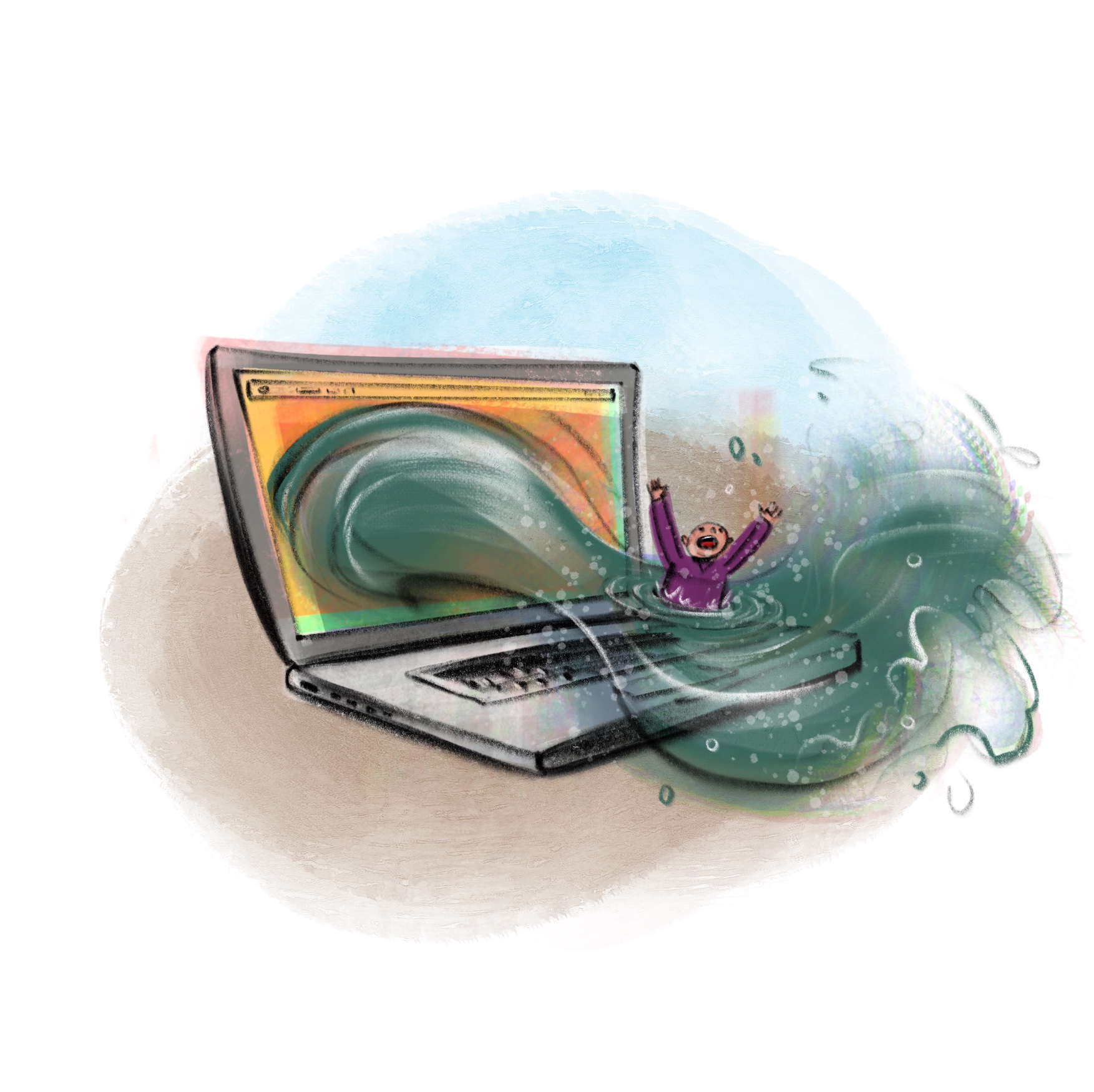 Ilustrace dítěte, které se topí v proudu vody valícím se z obrazovky notebooku – metafora zahlcení informacemi a obsahu na internetu. Ilustrace doprovází článek o mediálním vzdělávání a doporučeních pro rodiče.